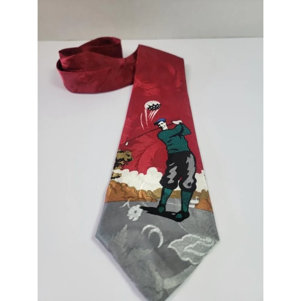 City-One Mens Vintage Golf Tie Red Jacquard Floral Graphic Golfer Necktie 56